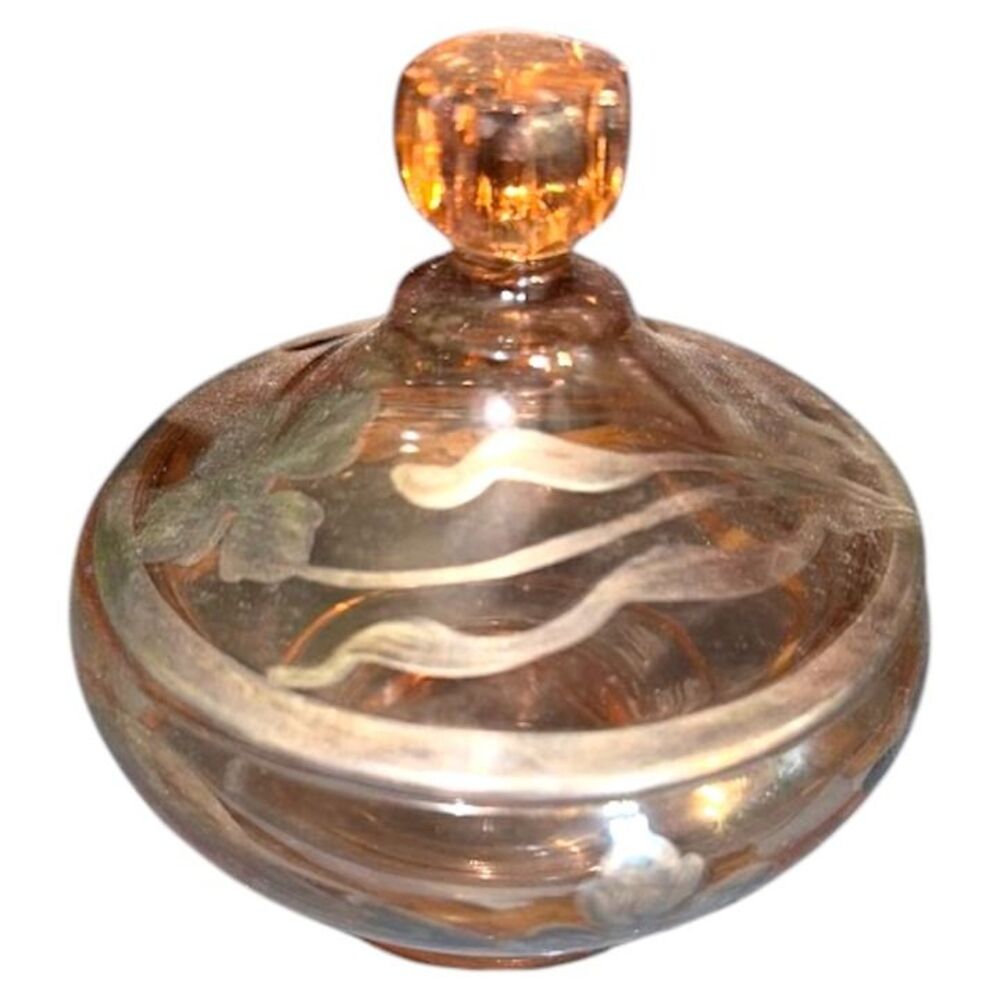 Vintage Pink Depression Glass Floral Silver Overlay Lidded Trinket Dish